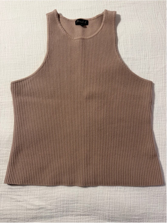 Marled Tops - Marled Taupe Ribbed High Neck Sleeveless Knit Tank Top Large